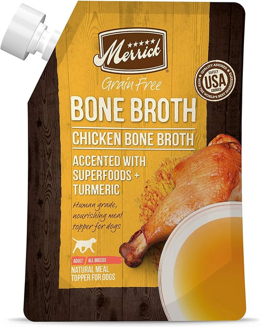 Merrick Grain Free Bone Broth, Premium Human Grade And Gluten Free Dog And Cat Food Topper Pouches, Chicken - 16 oz. Pouch.