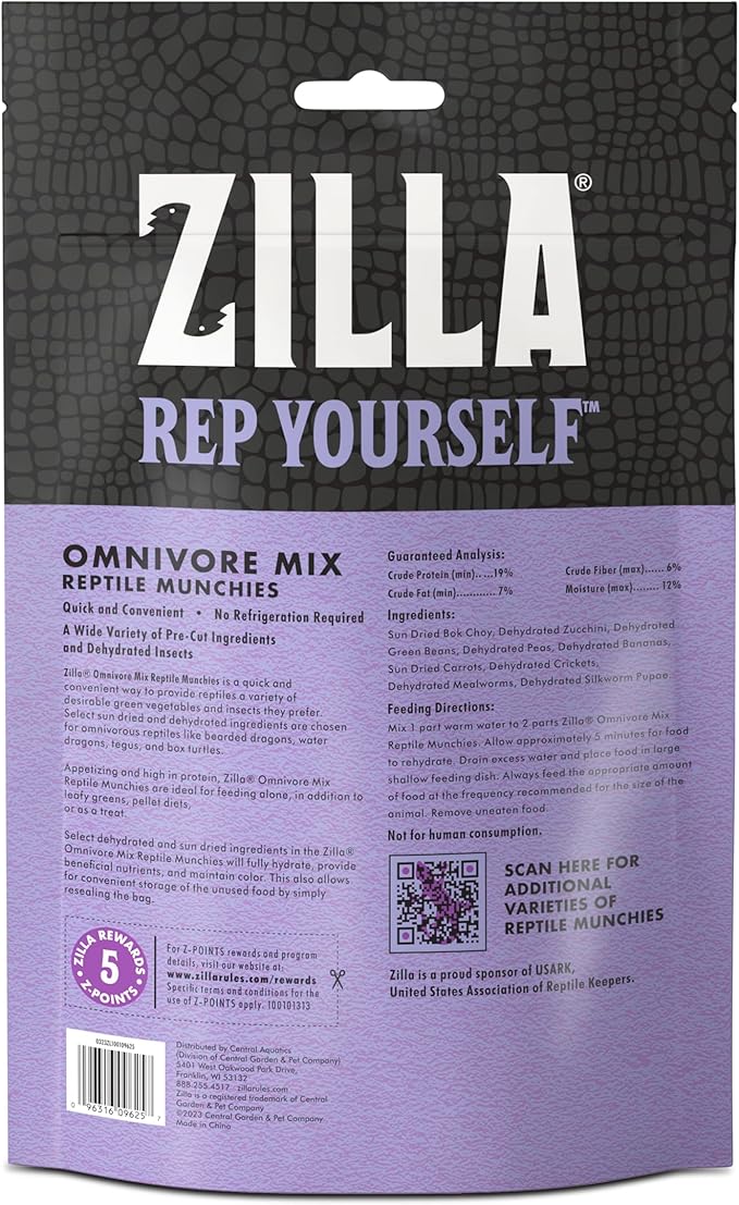 Zilla Reptile Munchies, Omnivore Mix, Dehydrated and Sun Dried Vegetables and Insects, Natural Ingredients, Resealable Bag 4 oz.