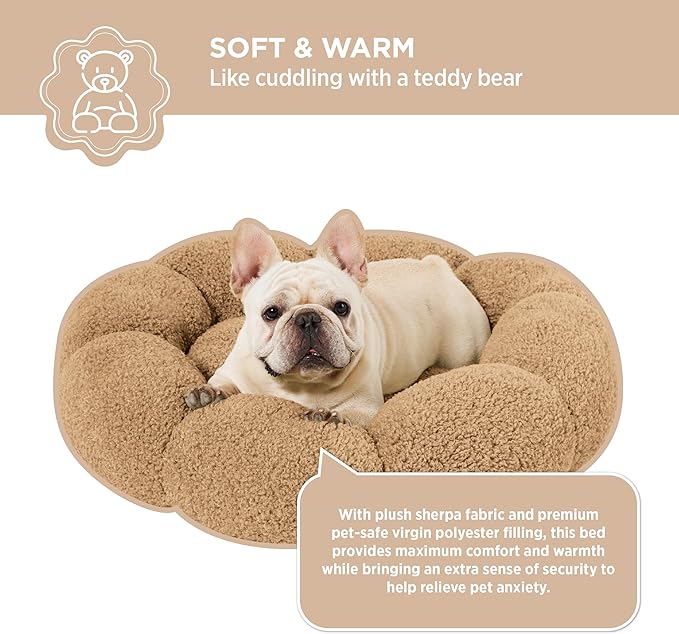 Lesure Calming Medium Dog Bed - Flower Donut Round Fluffy Puppy Bed in Plush Teddy Sherpa, Non-Slip Cute Flower Cat Beds for Indoor Cats, Medium Pet Bed Fits up to 45 lbs, Machine Washable, Camel 30"