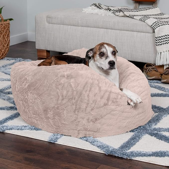 Furhaven Soft & Cozy Dog Bed for Large/Medium Dogs, Refillable w/ Removable Washable Cover & Liner, For Dogs Up to 55 lbs - Plush Faux Fur Bean Bag Style Ball Bed - Shell (Pink Tan), Large