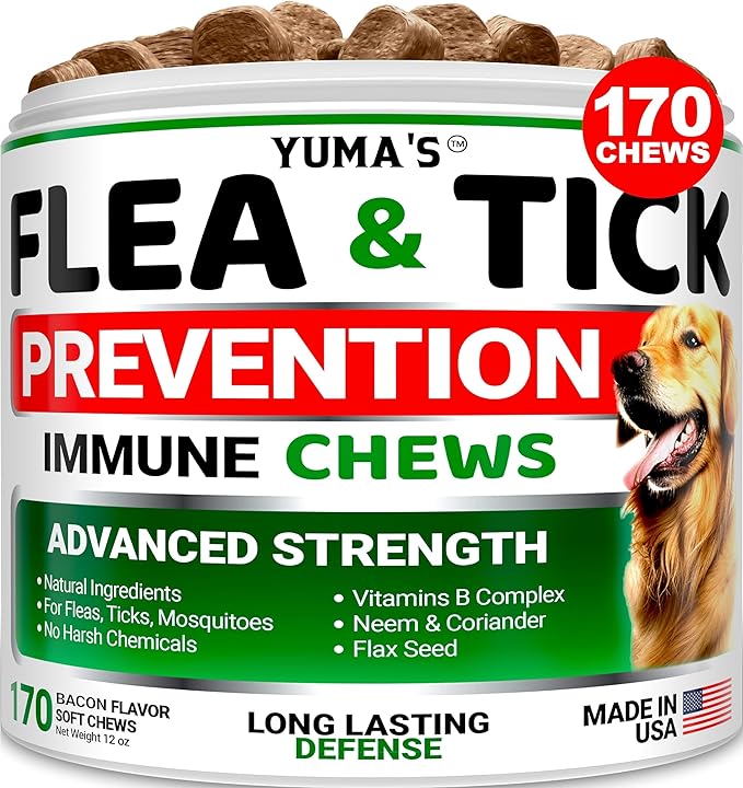 Flea and Tick Prevention for Dogs Chewables - 170 Chews - Natural Dog Flea and Tick Treatment Chewable - Flea and Tick Chews for Dogs - Soft Oral Flea Pills for Dogs - All Breeds & Ages - Bacon Flavor