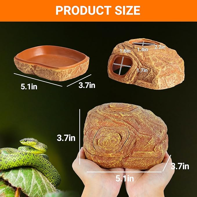 REPTI ZOO Gecko Hide Cave, 2 in 1 Snake Reptile Hideout for Hide & Rest & Breed & Feeding, Reptile & Amphibian Habitat Decor for Corn Snake, Small Snake, Ball Python, Crested Gecko, Leopard Gecko