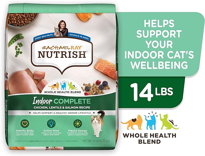 Rachael Ray Nutrish Indoor Complete Premium Natural Dry Cat Food with Added Vitamins, Minerals & Other Nutrients, Chicken with Lentils & Salmon Recipe, 14 Pounds (Packaging May Vary)