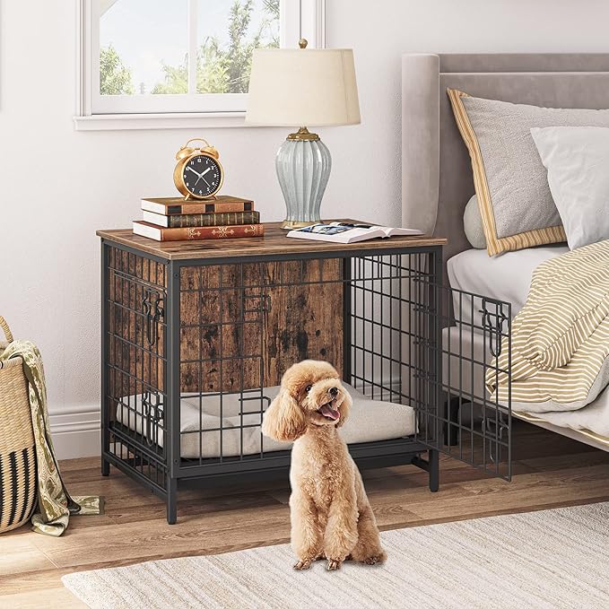 Dog Crate Furniture, Wooden Dog Kennel with Removable Tray, Heavy-Duty Dog Cage End Side Table, Indoor Dog House for Small/Medium/Large Dogs, 25.2" L, Rustic Brown DCHR0101Z