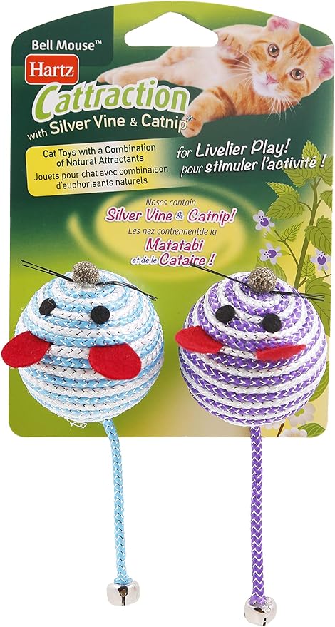 Hartz Cattraction Bell Mouse Cat Toy with Two Silver Vine & Catnip Sisal Mice - 2 Pack, All Breed Sizes