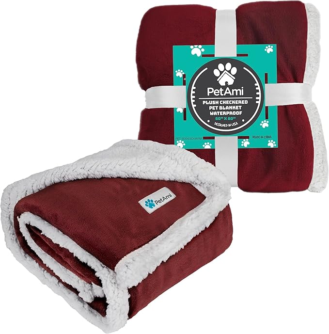 PetAmi WATERPROOF Dog Blanket for Medium Large Dog, Pet Puppy Blanket Couch Cover Protection, Sherpa Fleece Cat Blanket, Sofa Bed Furniture Protector Reversible Soft Plush Washable, 60x40 Wine Red