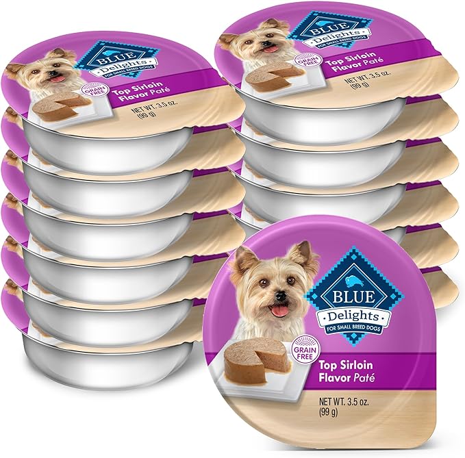 Blue Buffalo Delights Natural Adult Small Breed Wet Dog Food Cups, Pate Style, Top Sirloin Flavor in Savory Juice 3.5-oz (Pack of 12)