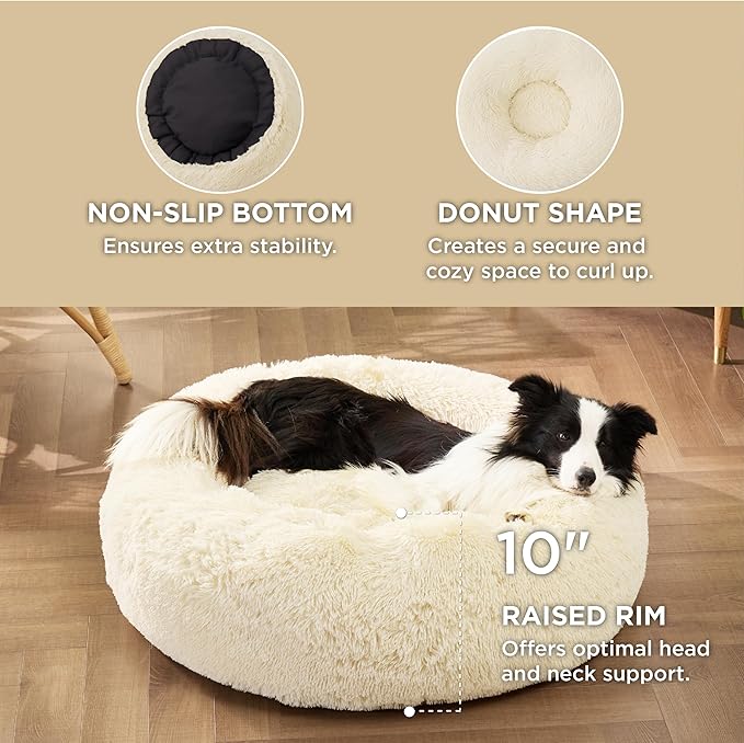 Bedsure Calming Dog Bed for Large Dogs - Donut Washable Large Pet Bed, Anti-Slip Round Fluffy Plush Faux Fur Dog Bed, Fits up to 100 lbs Pets, Oat Milk, 36 inches