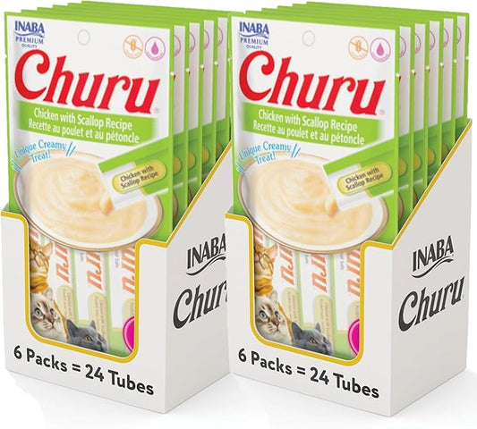 INABA Churu Cat Treats, Grain-Free, Lickable, Squeezable Creamy Purée Cat Treat/Topper with Vitamin E & Taurine, 0.5 Ounces Each Tube, 48 Tubes (4 per Pack), Chicken with Scallop Recipe