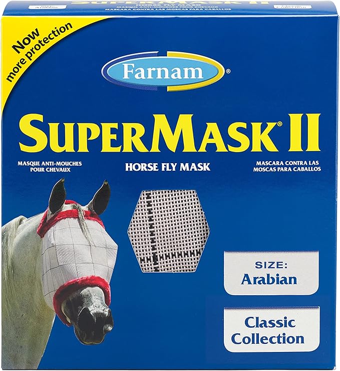 Farnam SuperMask II Fly Mask Without Ears for Smaller Horses or Arabian Horses,Full Face Coverage & Eye Protection from Insect Pests, Structured Classic Mesh with Plush Trim,Small Horse/Arabian Size