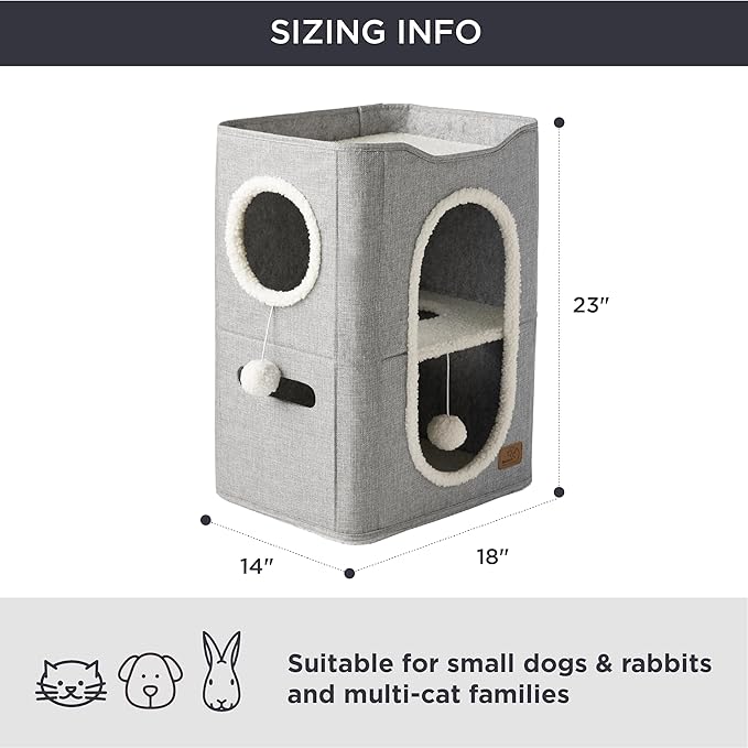 Bedsure 2-Level Cat House for Indoor Cats - Small Cat Towers with Scratch Pad and Hideaway Condo, Cat Cave Bed Furniture for Multi Pets and Large Cats, 18x14x23 inches, Grey