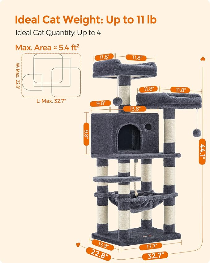 Feandrea Cat Tree, 44.1-Inch Cat Tower for Indoor Cats, Multi-Level Cat Condo with 11 Scratching Posts, 2 Perches, Cave, Hammock, Smoky Gray UPCT215G01