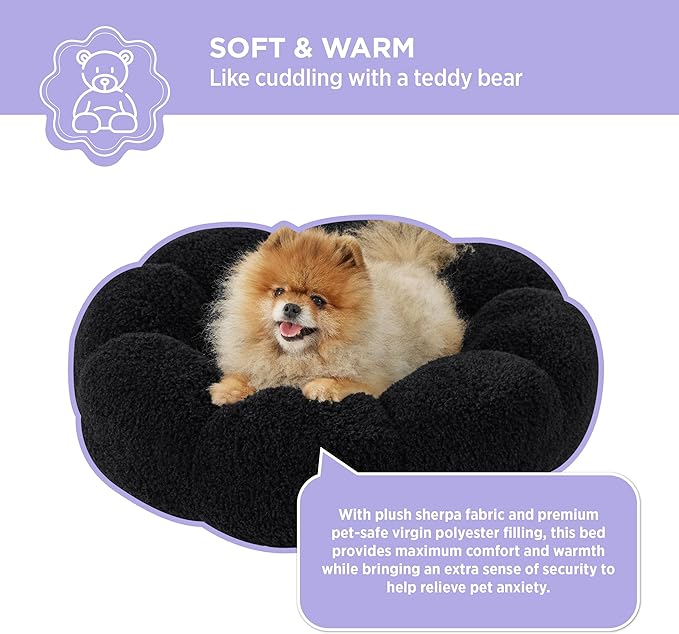 Lesure Calming Small Dog Bed - Flower Donut Round Fluffy Puppy Bed in Plush Teddy Sherpa, Non-Slip Cute Flower Cat Beds for Indoor Cats, Small Pet Bed Fits up to 25 lbs, Machine Washable, Black 23"