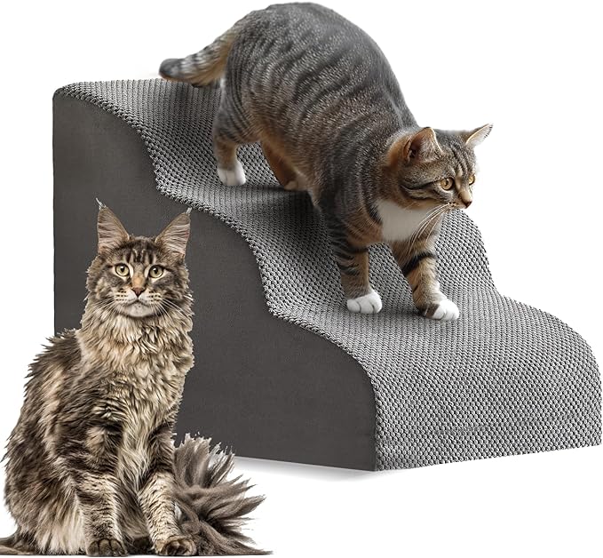 Mity rain Cat Stairs, 3-Steps Cat Stairs for Old Cats, Gentle Slop Design for Senior/Injury/Small Cats, Strong Support 3D Cat Ramp for Climbing on Bed Chair Couch