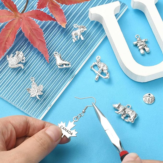 Stiesy 100 Pcs Canadian Themed Tibetan Alloy Charms Vintage Reindeer Bear Maple Leaf Squirrel Charms for DIY Crafts Keychain Making