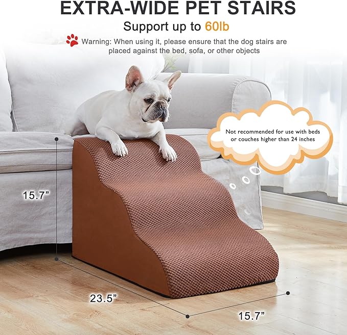 Dog Stairs Ramps for Small Medium Dogs to Beds and Couches Up to 18'', Dog Steps with Sturdy High-Density Foam, Pet Stairs with Non-Slip Bottom for Puppy and Cats, with Hair Remover Roller, Brown