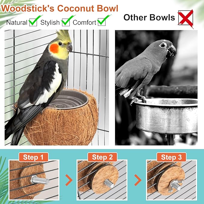 WOODSTICK Coconut Bird Feeder for Cage with Clamp - Removable Stainless Steel Bowls for Happy Birds! Hangable Bird Bowl in Cages - Perfect for Parakeets, Parrots, and Small Animals - 2-pack