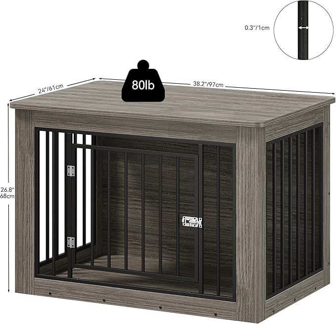 YITAHOME Dog Crate Furniture for Large Dogs, Side End Table, Modern Dogs Kennel Indoor up to 60 lb, 2-in-1 Iron-Wood Fusion Dog Cage with Waterproof Top, Safety Corners, Steel Lock,38" L,Greige