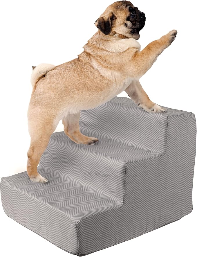 3-Step Pet Stairs - Nonslip Foam Dog and Cat Steps with Removable Zippered Microfiber Cover - 2-Tone Design for Home or Vehicle Use by PETMAKER (Gray)