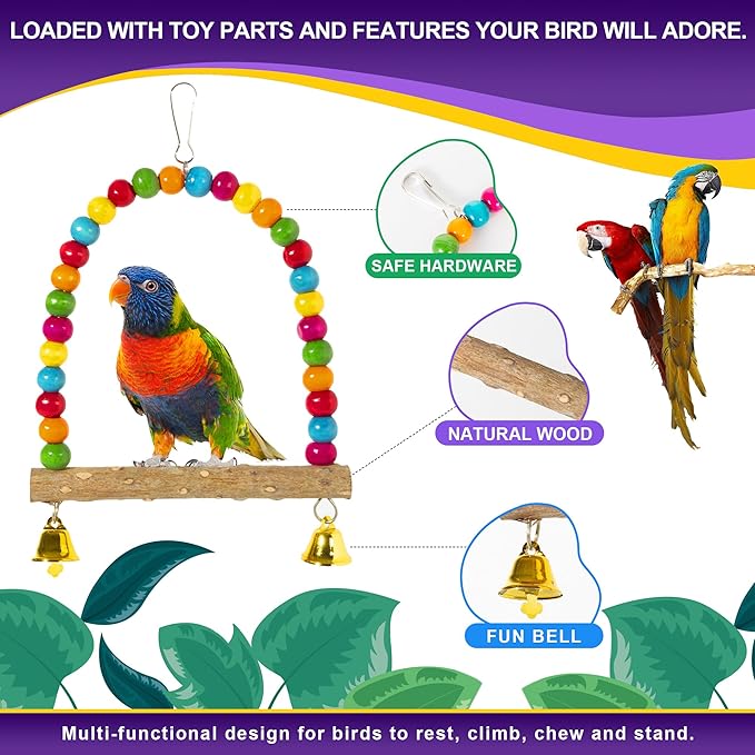 Bird Perch Parakeet Chewing Toys 7PCS - Parrot Cage Accessories Stuff, Natural Wooden Foraging Chew Toys for Budgerigars, Conure, Cockatiel, Finch, Lovebirds, Perches for Medium, Small Birds