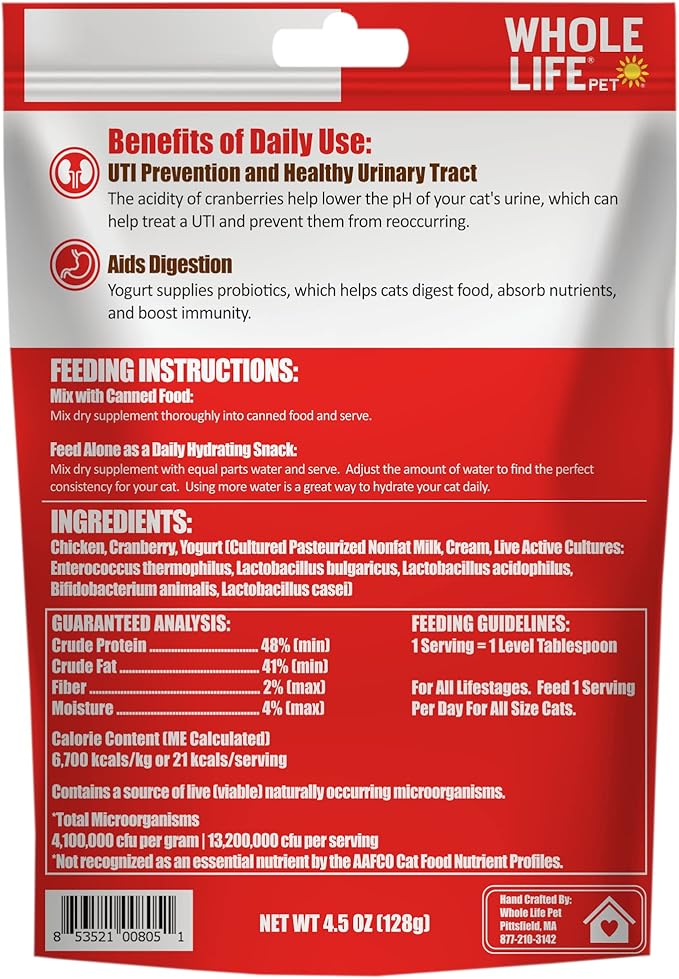 Whole Life Pet Urinary Tract Daily Supplement for Cats – Cranberry with Probiotics. UTI Prevention, Bladder Health. Mixes in Food or with Water for Hydrating Snack