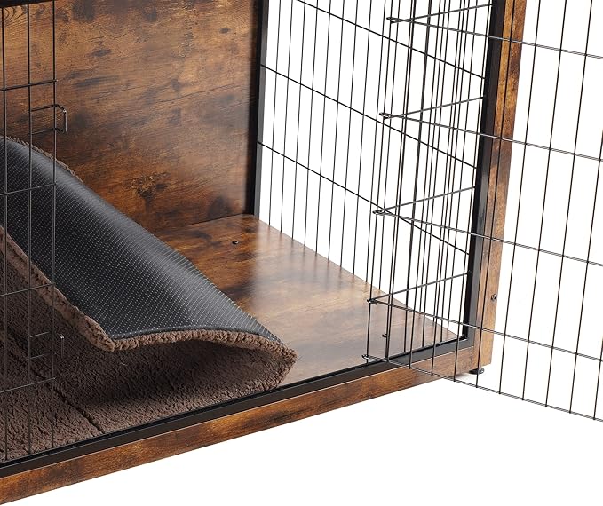 DWANTON Dog Crate Furniture with Cushion, XL Wooden Dog Crate with Double Doors, Large Dog Crate Furniture, Dog Kennel Indoor, Extra Large, 43.3" L, Rustic Brown