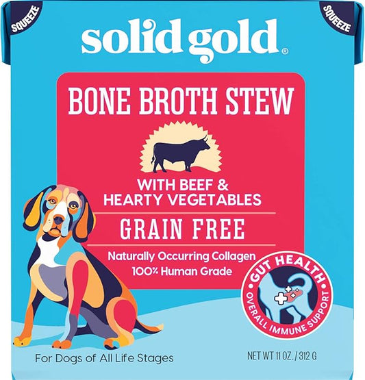 Solid Gold Bone Broth Stew - Dog Food Topper & Dog Treat Rich in Natural Collagen for Gut Health - Grain Free Formula Packed with Protein & Hearty Vegetables - Great for Picky Eaters - 6 Pack