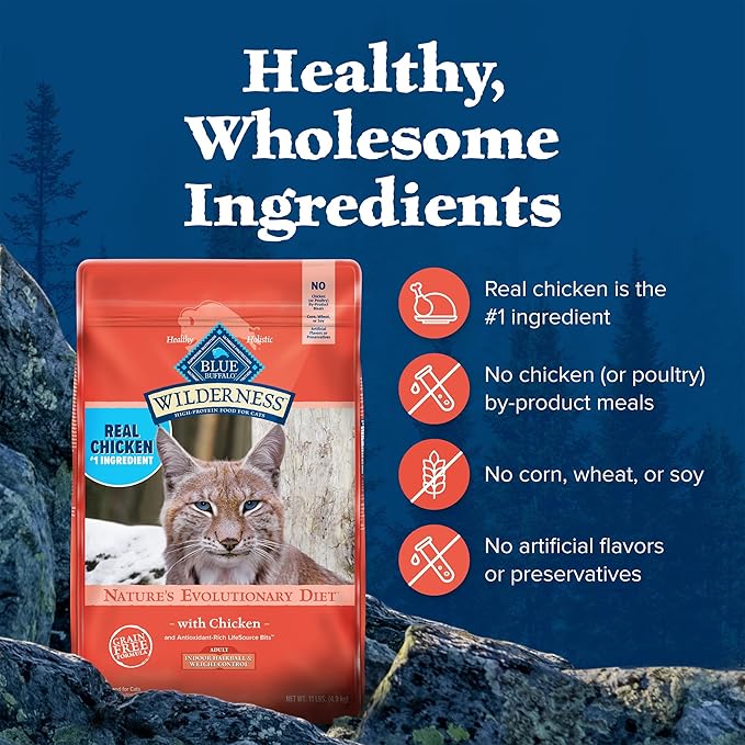 Blue Buffalo Wilderness Adult Indoor Dry Cat Food, Indoor Hairball Control and Weight Control Formula, High-Protein and Grain-Free Diet, Made with Natural Ingredients, Chicken, 11-lb. Bag