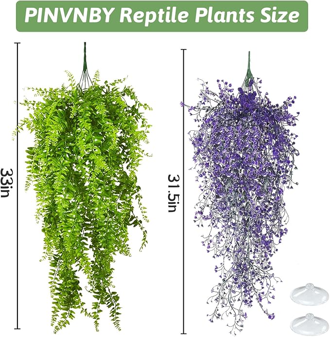 PINVNBY 2 Pack Reptile Plants Terrarium Hanging Fake Vines with Suction Cup Artificial Leaves for Bearded Dragons Lizards Geckos Snake Hermit Crab (Purple and Green)