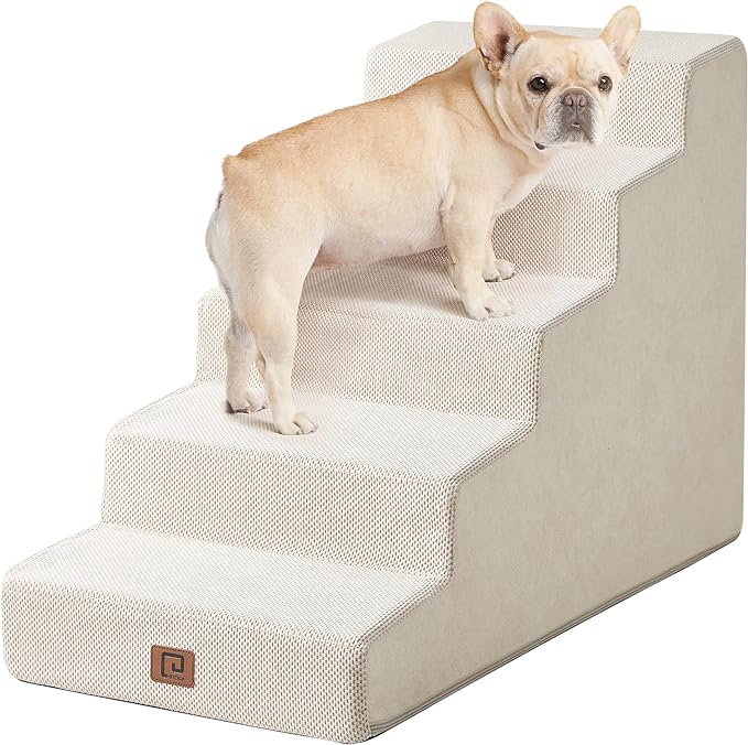 EHEYCIGA Dog Stairs for High Beds 22.5" H, 5-Step Dog Steps for Small Dogs and Cats, Slope Pet Steps with Non-Slip Bottom, Beige