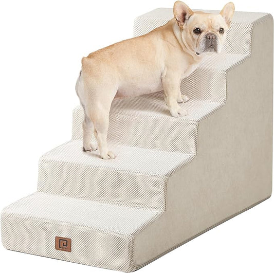 EHEYCIGA Dog Stairs for High Beds 22.5" H, 5-Step Dog Steps for Small Dogs and Cats, Slope Pet Steps with Non-Slip Bottom, Beige