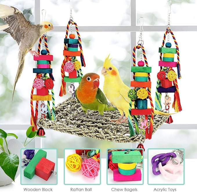 Bird Toys Parakeet Toys Conure Toys Bird Foraging Wall Toy,Seagrass Woven Hammock Swing Mat for Climb Perch Swing with Colorful Wooden Chewing Toys for Lovebirds,Parakeets,Conure,Cockatiel (Large)