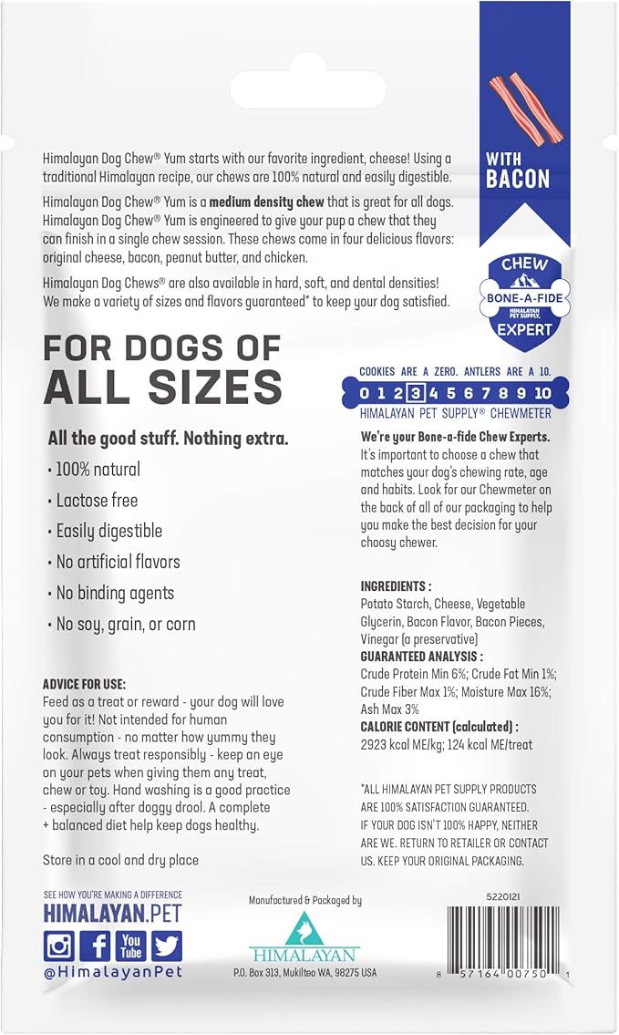 Himalayan Dog Chew Yak Cheese Dog Chews, 100% Natural, Long Lasting, Gluten Free, Healthy & Safe Dog Treats, Lactose & Grain Free, Protein Rich, For All Breeds, Medium, Bacon Flavor, 4.5 oz