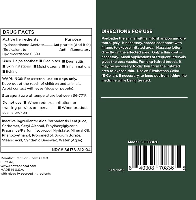 Chew + Heal Labs Hydrocortisone Lotion for Dogs - 4 oz Anti Itch Cream for Irritated Skin, Flea Bites, Itching, and More - Made in The USA