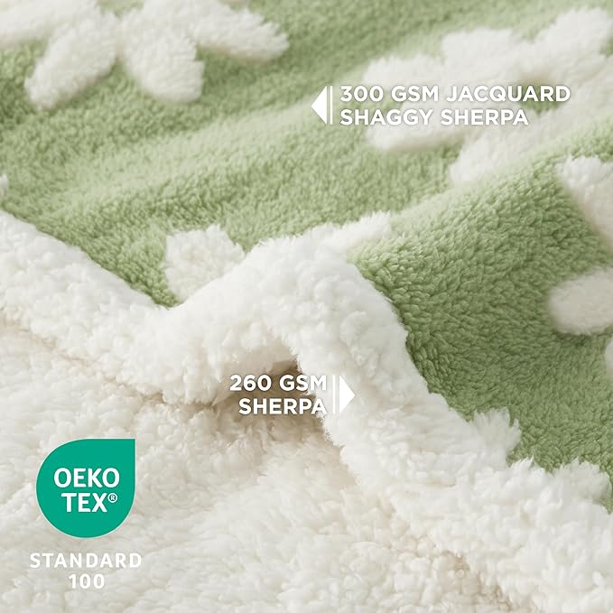 Lesure Waterproof Dog Blanket for Large Dogs - Washable Double Sided Dog Blankets with Warm Jacquard Shag and Soft Sherpa Fleece, Pet Cat blanket for Queen Bed Protection, 3D Textured Flower, Green