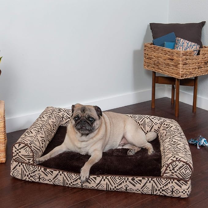 Furhaven Orthopedic Dog Bed for Medium/Small Dogs w/ Removable Bolsters & Washable Cover, For Dogs Up to 35 lbs - Plush & Southwest Kilim Woven Decor Sofa - Desert Brown, Medium