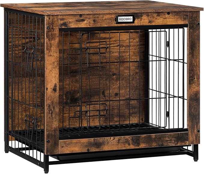 Dog Crate Furniture, 25.5" Small Dog Kennel Indoor, Wooden Dog Crate with Pull-Out Tray, Double Doors Dog House, Modern Side End Table for Small/Medium Dog, Rustic Brown BF642GW03G1