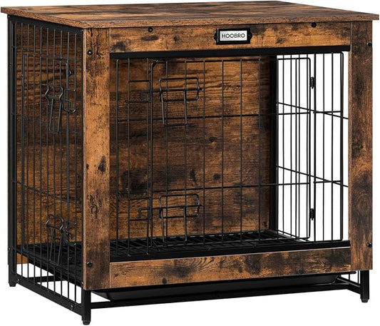 Dog Crate Furniture, 25.5" Small Dog Kennel Indoor, Wooden Dog Crate with Pull-Out Tray, Double Doors Dog House, Modern Side End Table for Small/Medium Dog, Rustic Brown BF642GW03G1