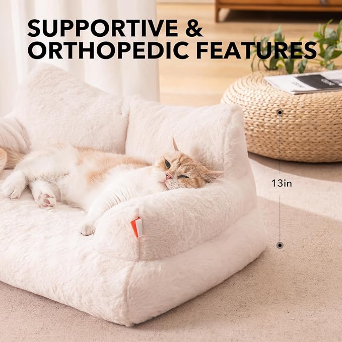 Pet Bed for Medium Small Cats and Dogs, Washable Puppy Sleeping Bed Cat Couch Pet Sofa Bed, Soft Calming Cat Sofa Beds for Indoor Cats Anti-Slip Bottom (White)