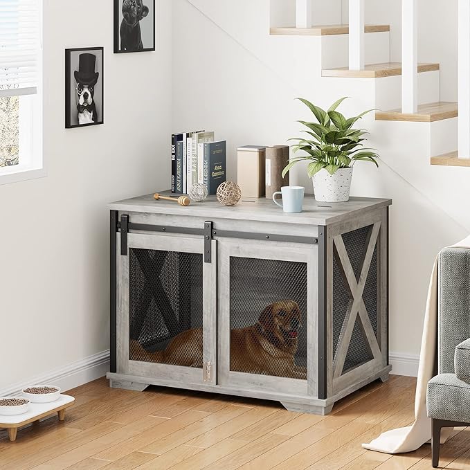 Furniture Style Dog Crate End Table with Sliding Barn Door, Indoor Dog Kennel Furniture with Removable Divider, Flip Top Dog Crate Table, Dog House,Dog Crate Furniture, Grey