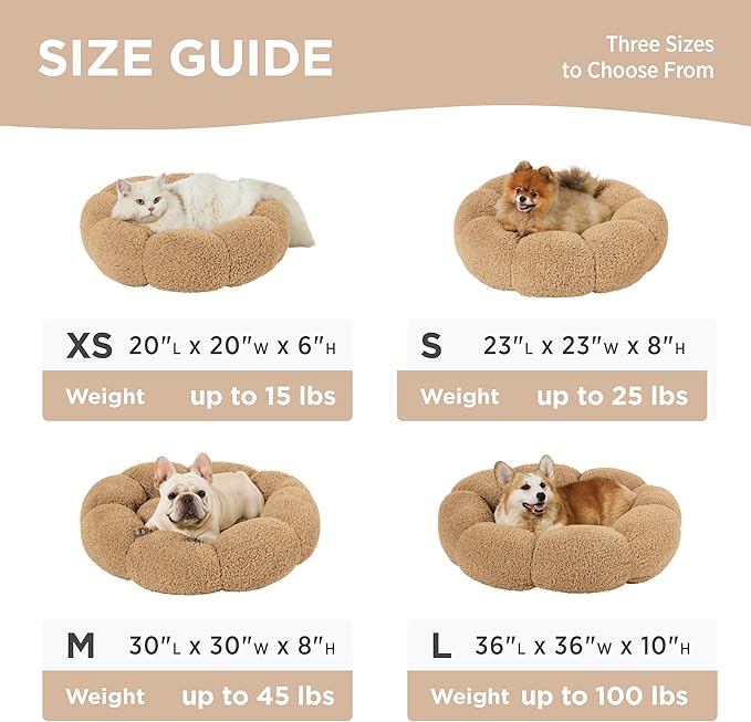 Lesure Calming Medium Dog Bed - Flower Donut Round Fluffy Puppy Bed in Plush Teddy Sherpa, Non-Slip Cute Flower Cat Beds for Indoor Cats, Medium Pet Bed Fits up to 45 lbs, Machine Washable, Camel 30"