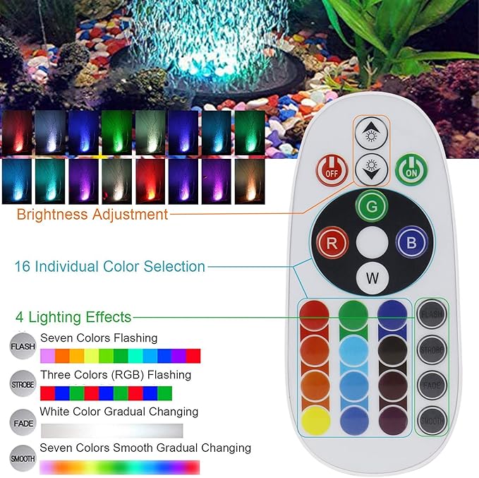 Aquarium Bubble LED Lights RGBW, Remote Controlled Air Stone Disk, with 16 Color Changing, 4 Lighting Effects for Fish Tank Decorations