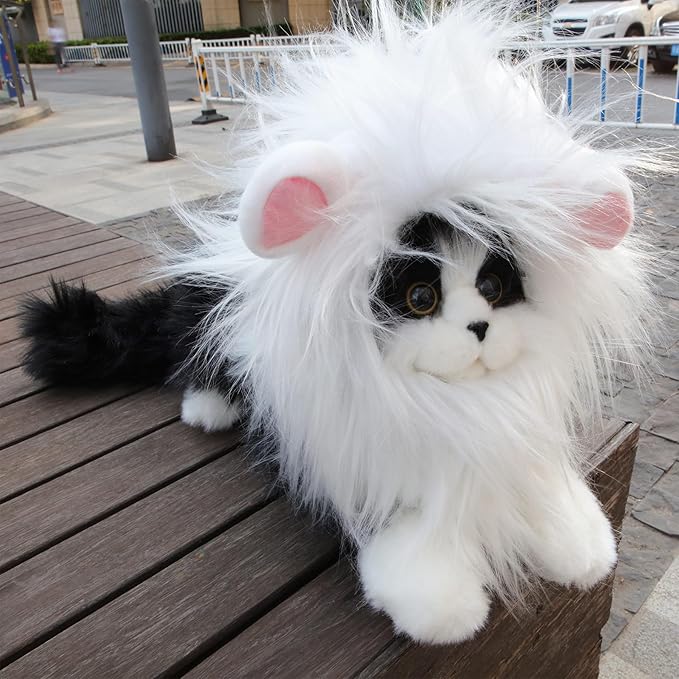 Lion Mane Wig for Cat Costume Pet Adjustable Washable Comfortable Fancy Lion Hair Cat Clothes Dress for Halloween Christmas Easter Festival Party Activity (Small, White)