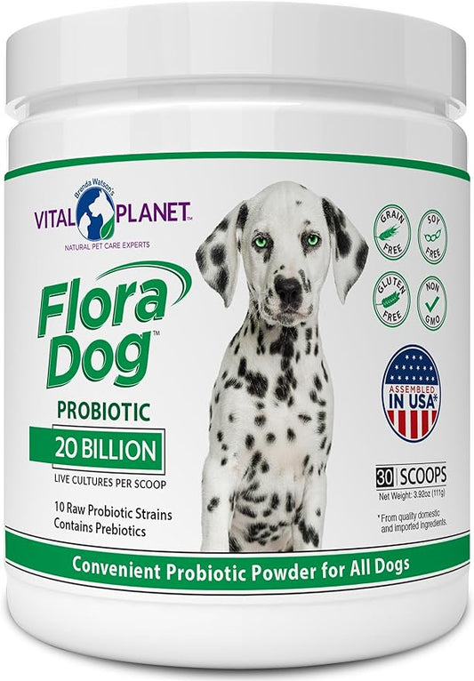 Vital Planet - Flora Dog Probiotic Powder Supplement with 20 Billion Cultures and 10 Strains, High Potency Immune and Digestive Support Probiotics for Dogs, 3.92 oz., 111 grams, 30 Servings