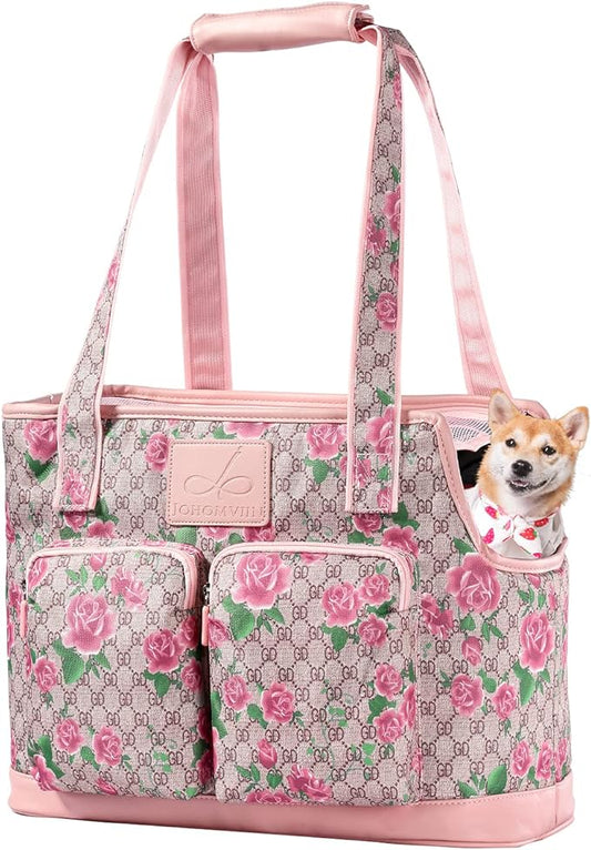 Dog Carrier Purse, Foldable Waterproof Premium PU Leather Oxford Cloth Dog Carrier Bag, Pet Travel Tote Bag with Pockets for Cat and Small Dog (Flower Pattern)