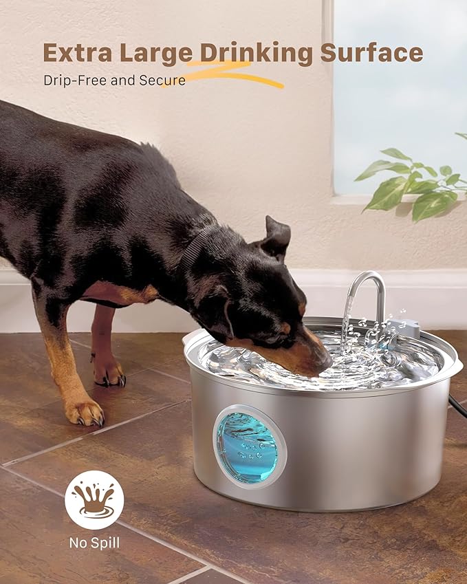 Dog Water Fountain for Large Dogs: Stainless Steel Dog Fountain -1.8Gal/7L Dog Fountain Water Bowl - Dog Fountain - Pet Water Fountain for Dogs - 6 Filters + 3 Sponge Filters - FOFNON