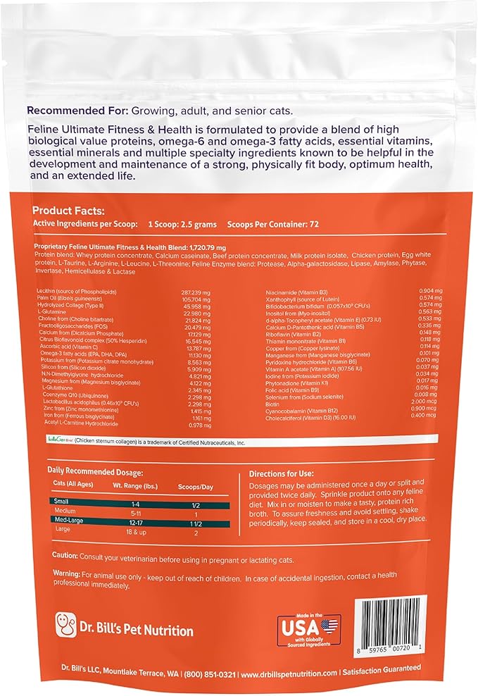 Dr. Bill’s Feline Ultimate Fitness & Health | Powder Cat Vitamins and Supplements | Includes Coenzyme Q-10, Vitamin E, Vitamin D-3, Biotin, Folic Acid, Hyaluronic Acid - Cat Nutritional Supplement