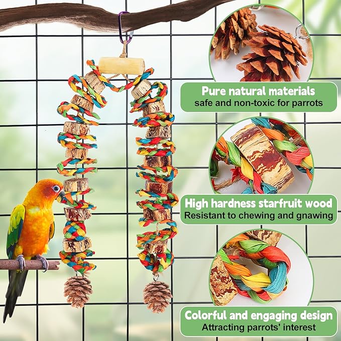 Bird Toys Parrot Toys - Bird Chewing Toy with Natural Starfruit Wood & Pine Cones for Small and Medium-Sized Parakeets Cockatiels Conures Lovebirds Cockatoos African Grey Amazon Parrots