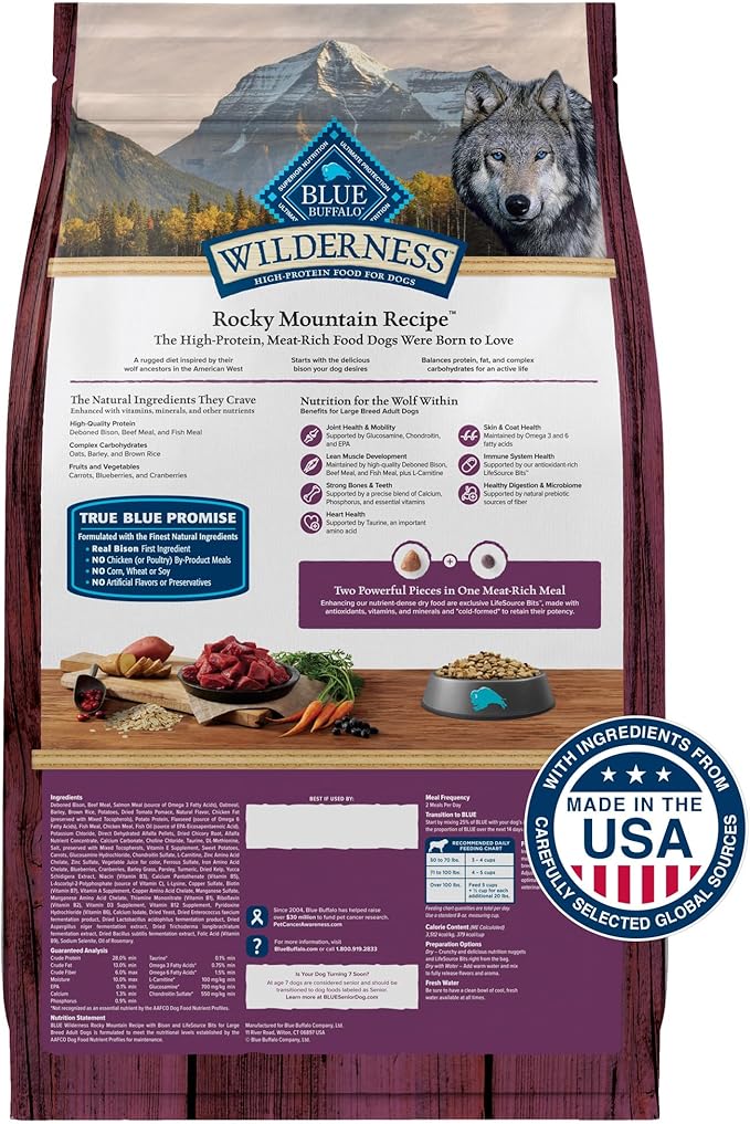 Blue Buffalo Wilderness Rocky Mountain Recipe Natural High-Protein Dry Food for Large Breed Dogs, Bison & Grain, 28-lb bag