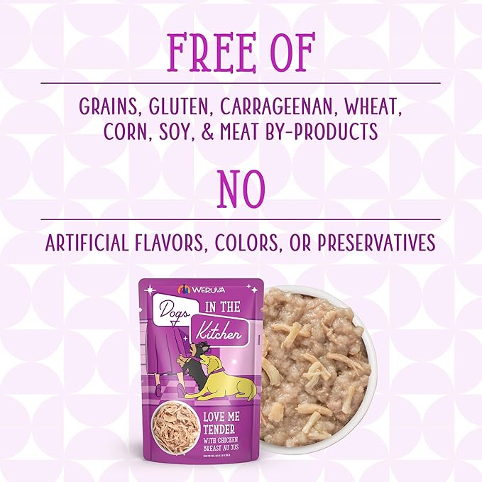 Weruva Dogs in The Kitchen, Love Me Tender with Chicken Breast Au Jus Dog Food, 2.8oz Pouch (Pack of 12), Purple